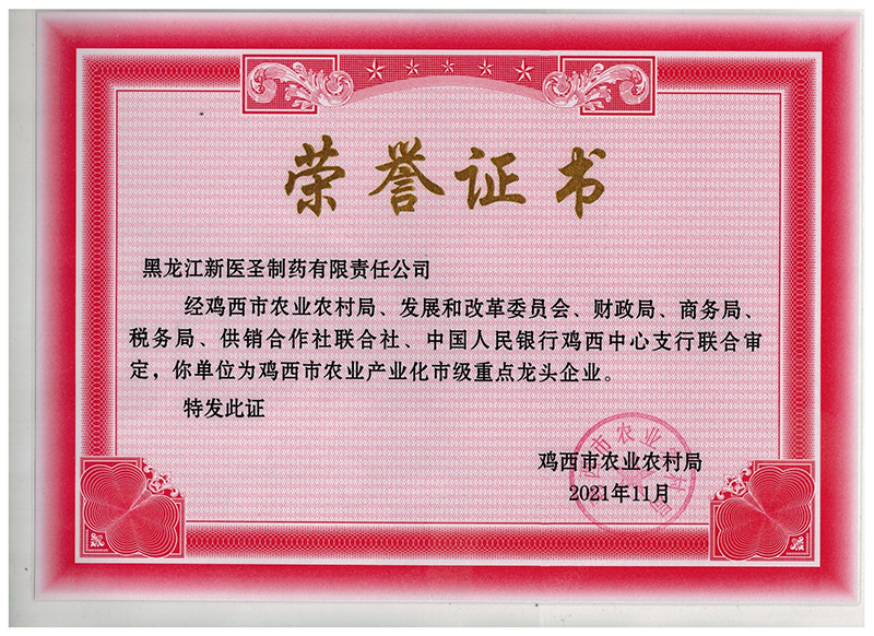 賀新醫圣制藥獲市級重點龍頭企業稱號